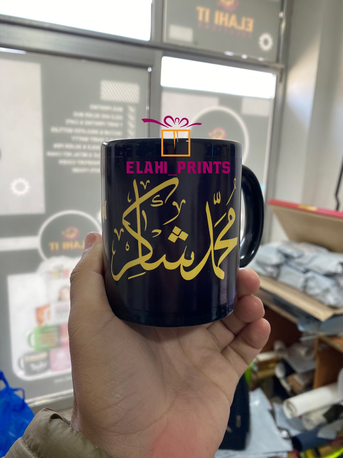 Full Black Calligraphy Mugs with personalized name logo photo