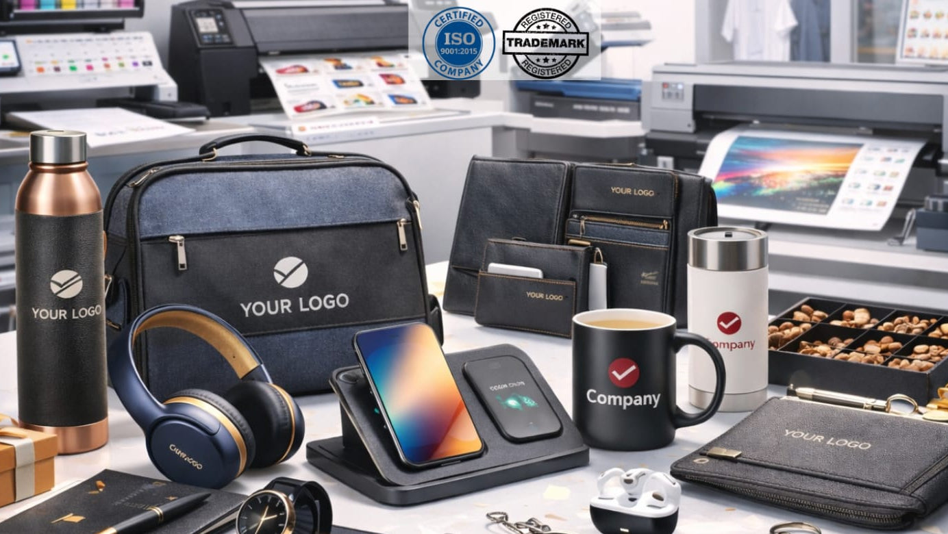 Collection of branded promotional products on a table with printing equipment in the background.